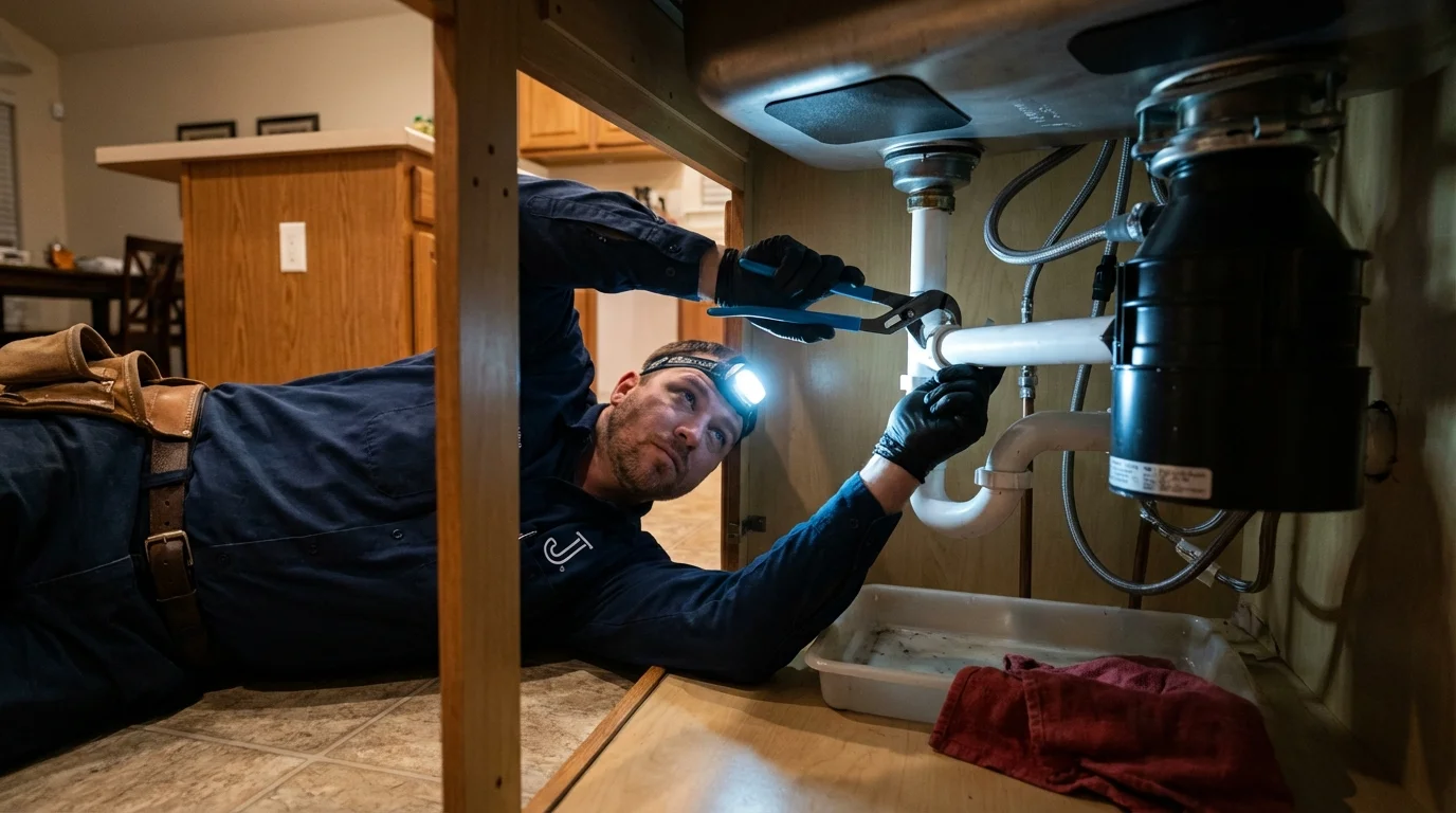 P-trap and supply line connections under a kitchen sink showing a common leak point in Bellevue, KY